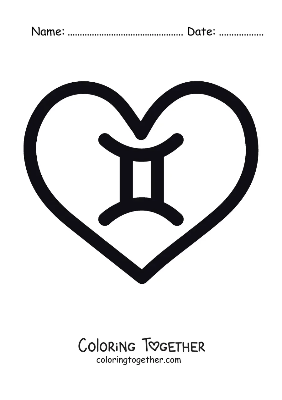Coloring page of the Gemini symbol inside a heart