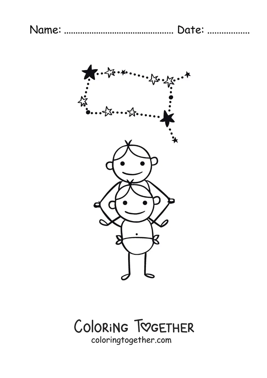 Coloring page of a cartoon Gemini with its constellation