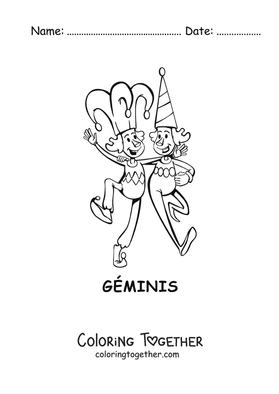 Coloring page of two cartoon clowns of the Gemini sign