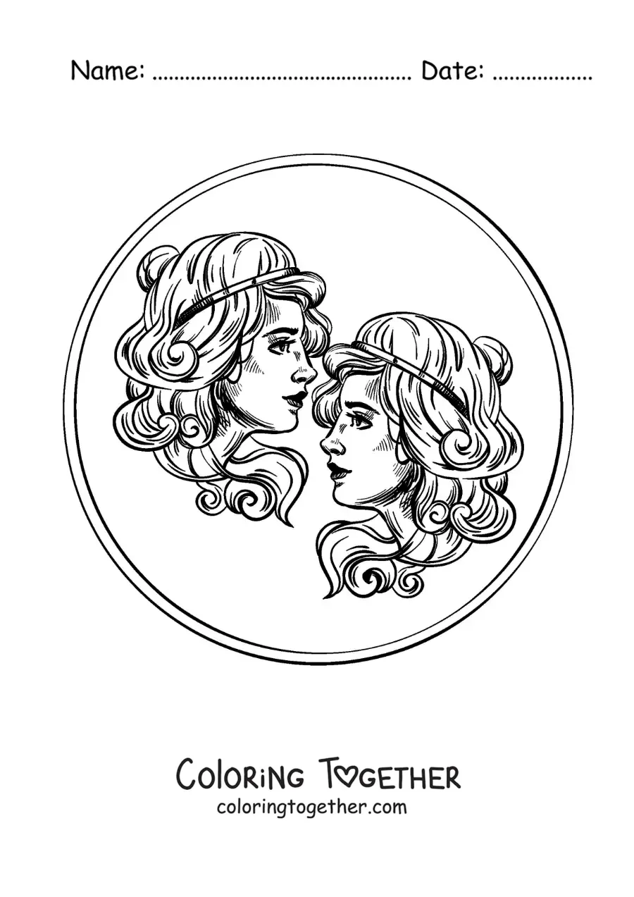 Coloring page of twin women of the Gemini sign, realistic style