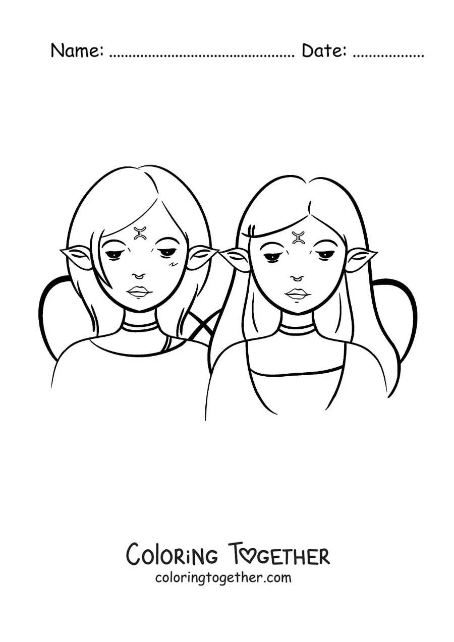 Coloring page of two cartoon girls of the Gemini sign, fantasy style
