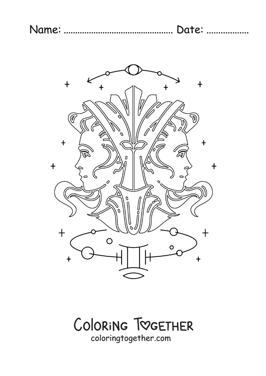 Coloring page of the twins of Gemini with their sign