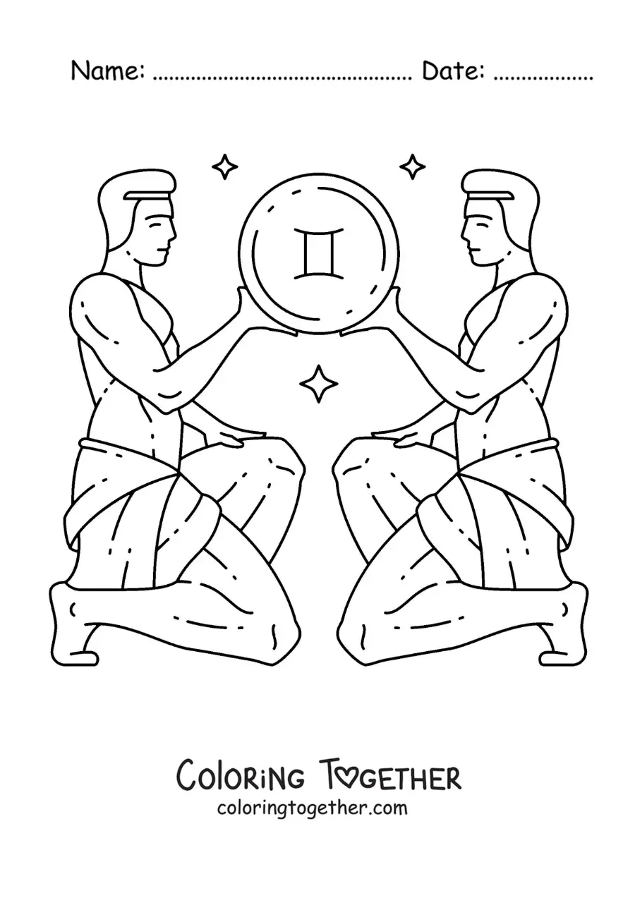 Coloring page of the cartoon twins of Gemini with their symbol