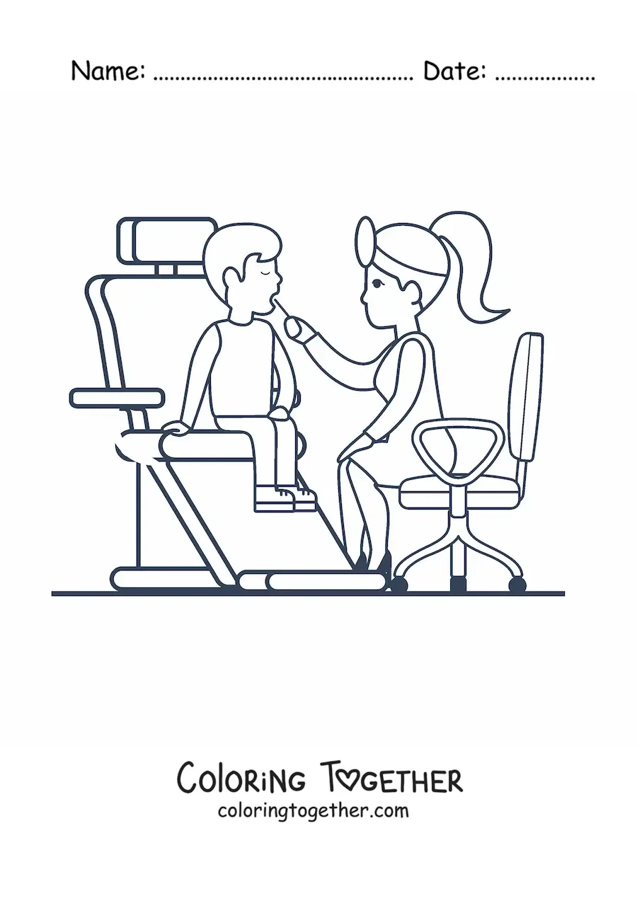 Coloring page of a woman dentist sitting and checking a patient