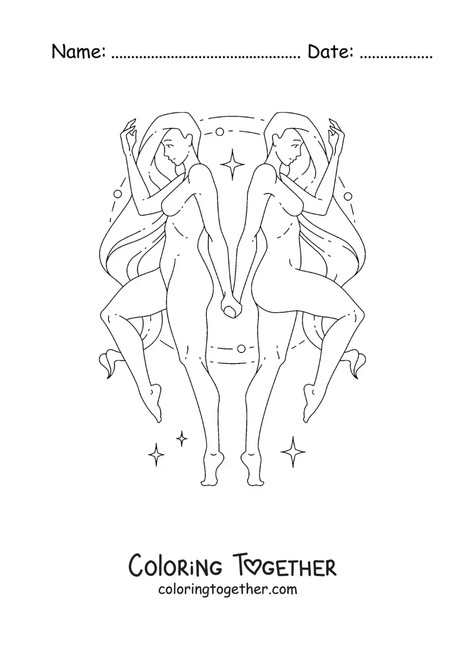 Coloring page of two women of the Gemini sign