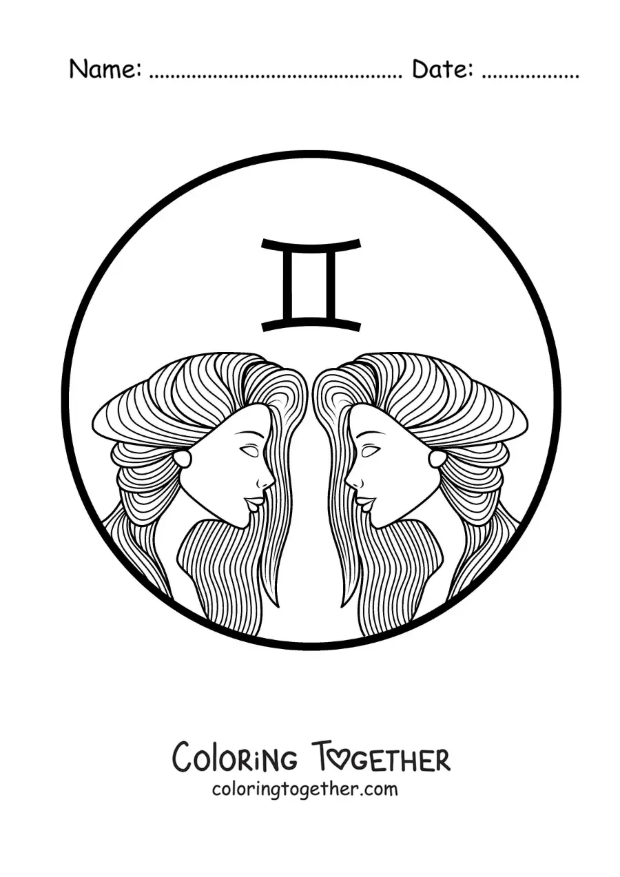 Coloring page of the faces of two beautiful girls of the Gemini sign with their symbol