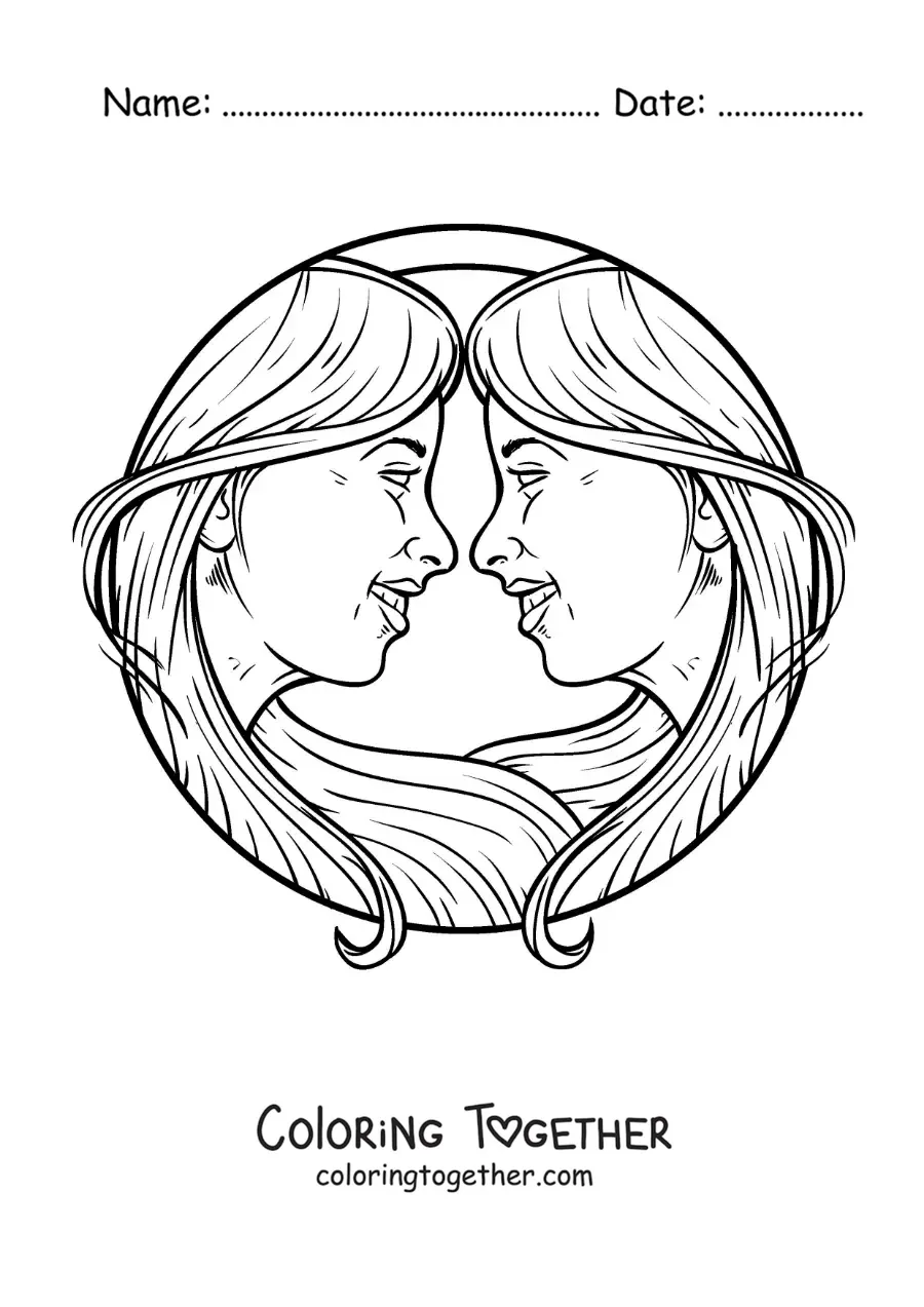 Coloring page of the faces of two realistic girls of the Gemini sign
