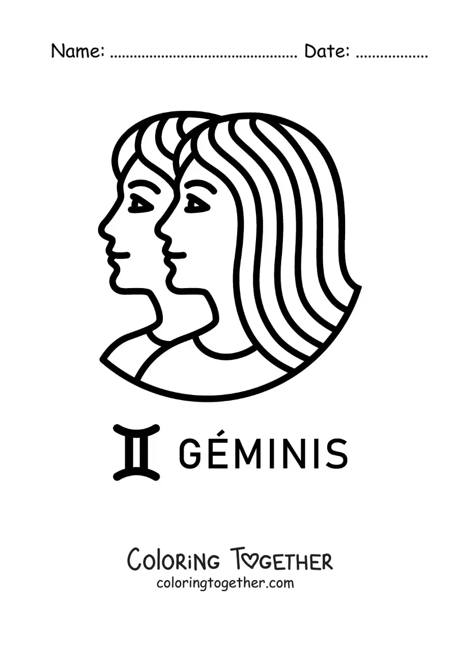 Coloring page of the faces of two girls of the Gemini sign, easy style