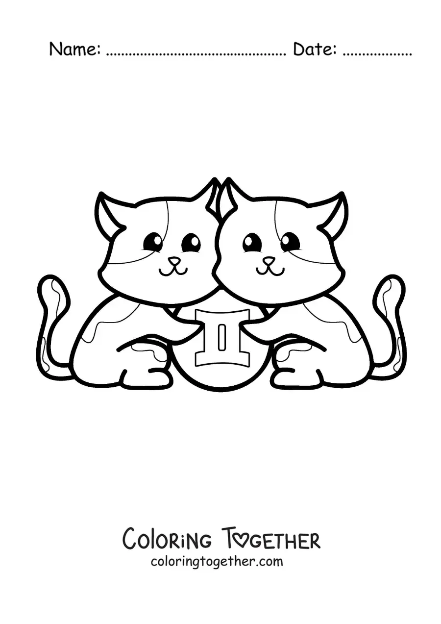 Coloring page of cartoon kittens of the Gemini sign