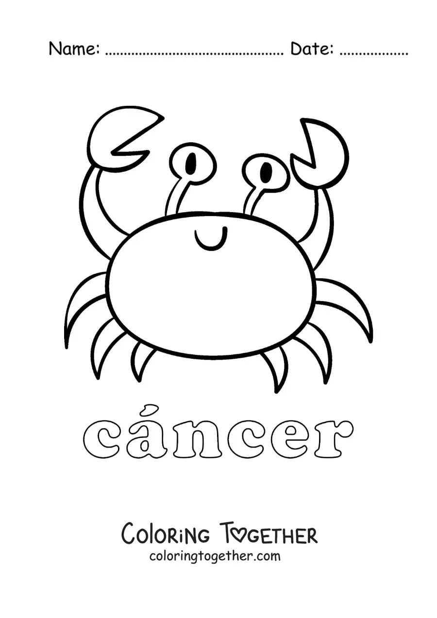 Coloring page of a cartoon crab of the Cancer sign