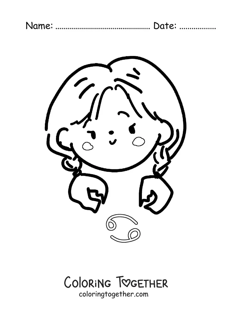 Coloring page of a Cancer sign girl, kawaii style