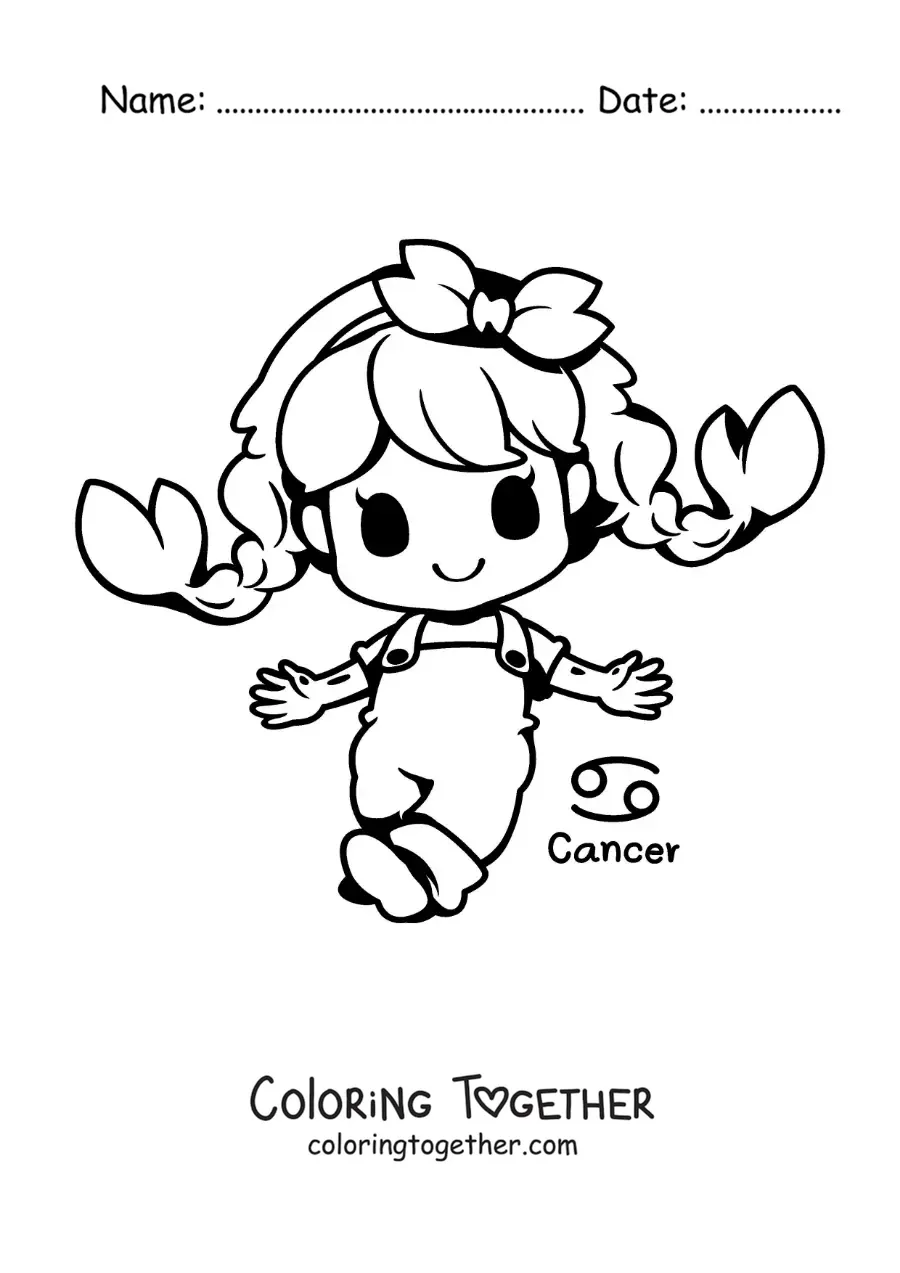 Coloring page of a Cancer sign girl, kawaii cartoon style, with her symbol