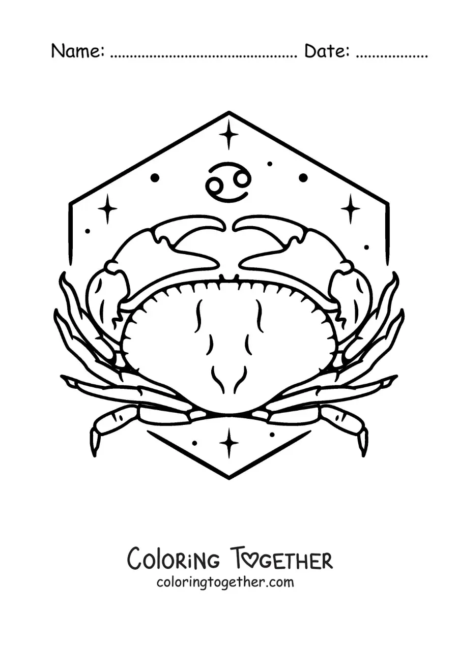 Coloring page of the crab of the Cancer sign with its symbol