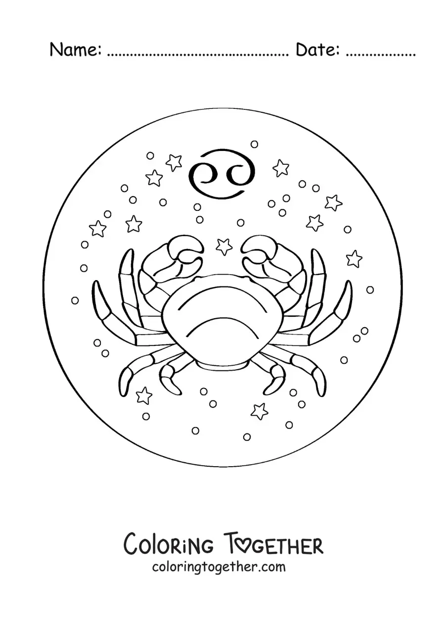 Coloring page of the crab of the Cancer zodiac sign with its symbol and stars