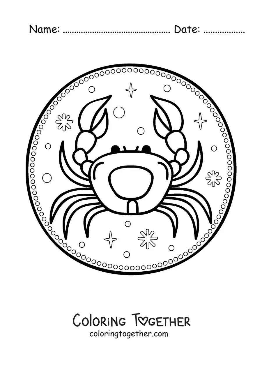 Coloring page of an easy Cancer sign crab with stars