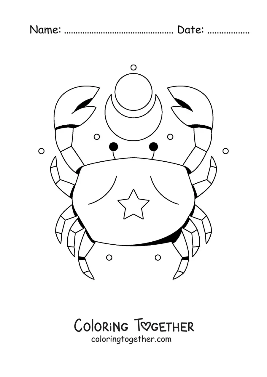Coloring page of a cartoon Cancer sign crab with stars
