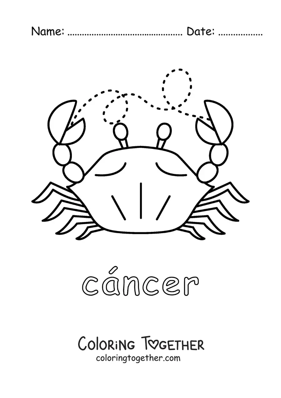 Coloring page of a crab with the name of the Cancer sign
