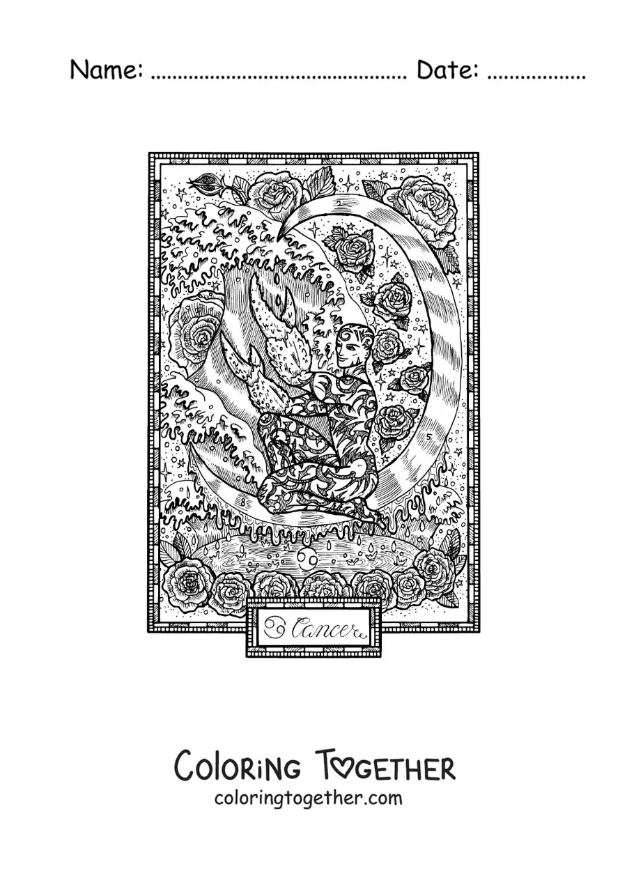 Coloring page of a card of the Cancer sign