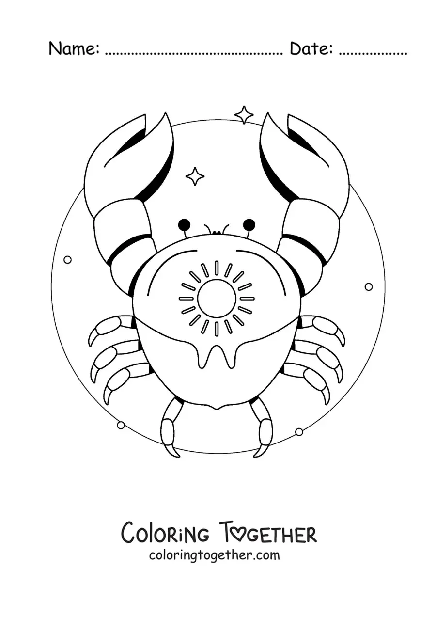 Coloring page of a cartoon Cancer sign crab with a sun and stars