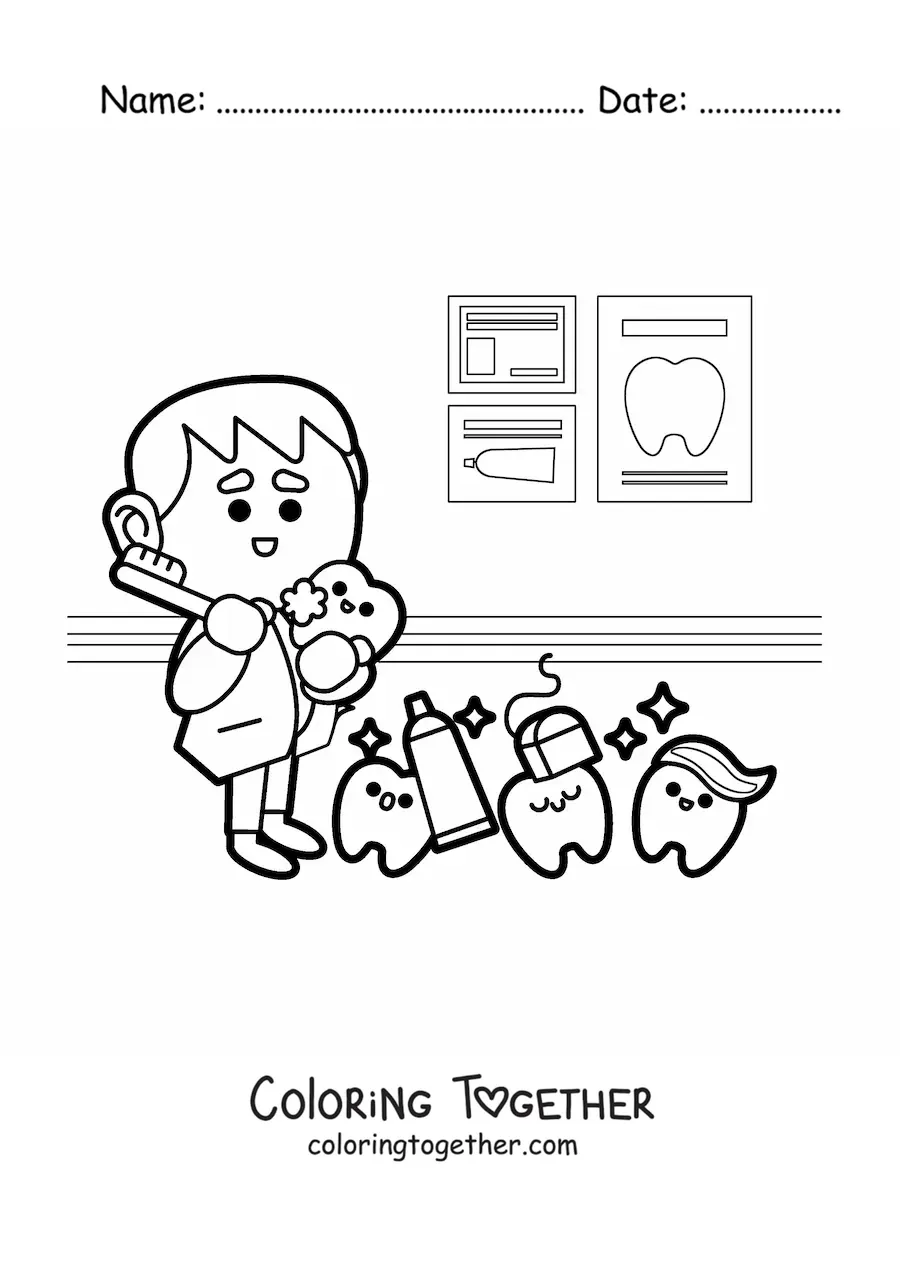 Coloring page of a dentist next to several animated teeth