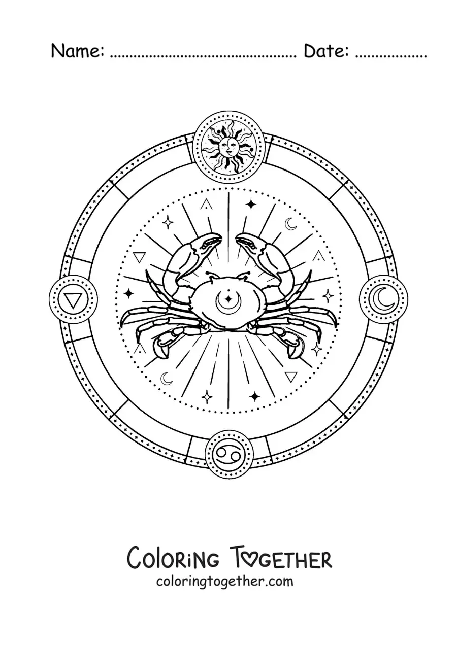 Coloring page of the symbols of the Cancer zodiac sign