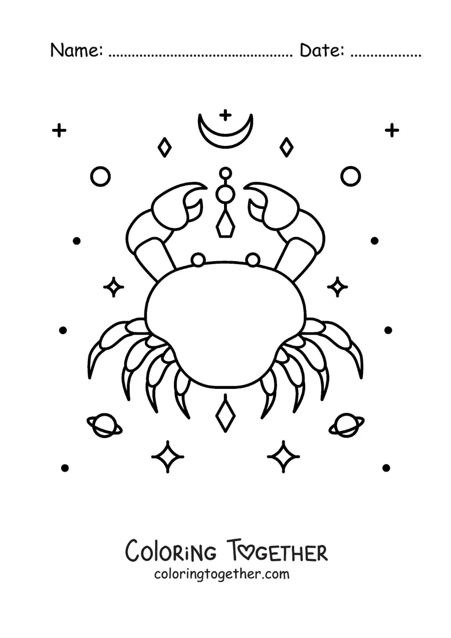 Coloring page of the Cancer crab with stars and celestial bodies
