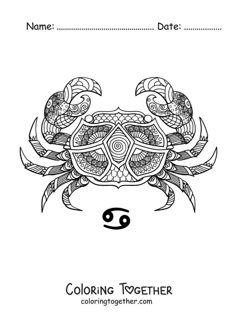 Coloring page of a Cancer sign mandala