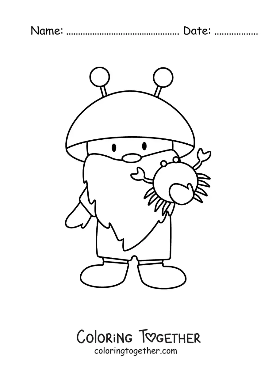 Coloring page of a Cancer sign gnome, kawaii cartoon style