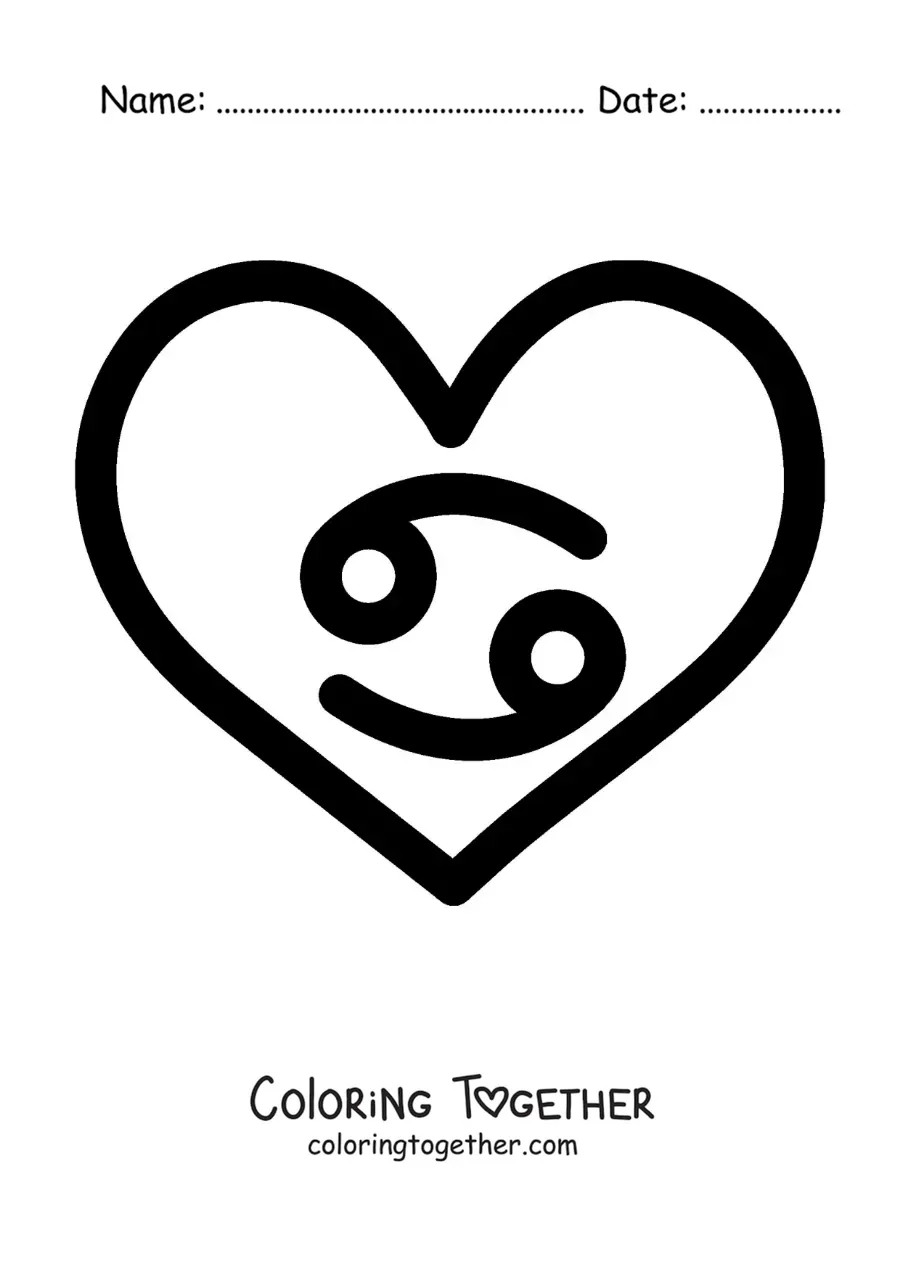 Coloring page of a Cancer sign symbol inside a heart