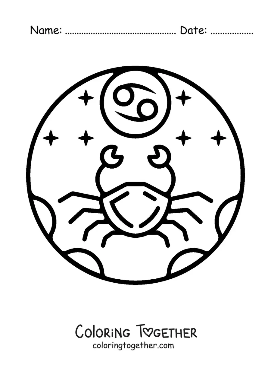 Coloring page of a Cancer sign crab with its easy symbol