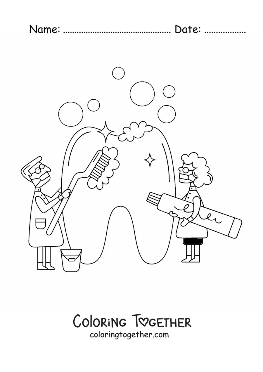 Coloring page of two dentists cleaning a giant tooth