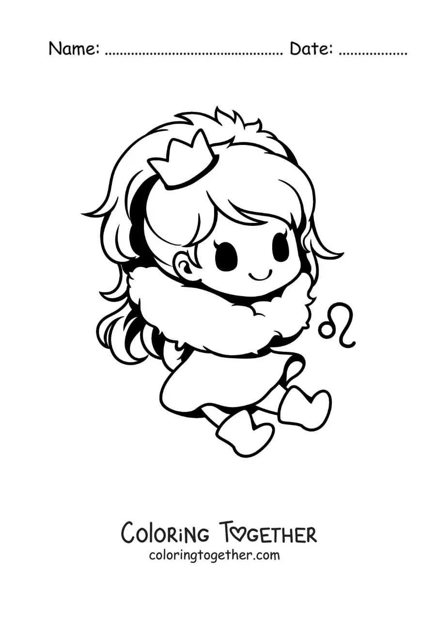 Coloring page of a kawaii Leo sign girl with her symbol