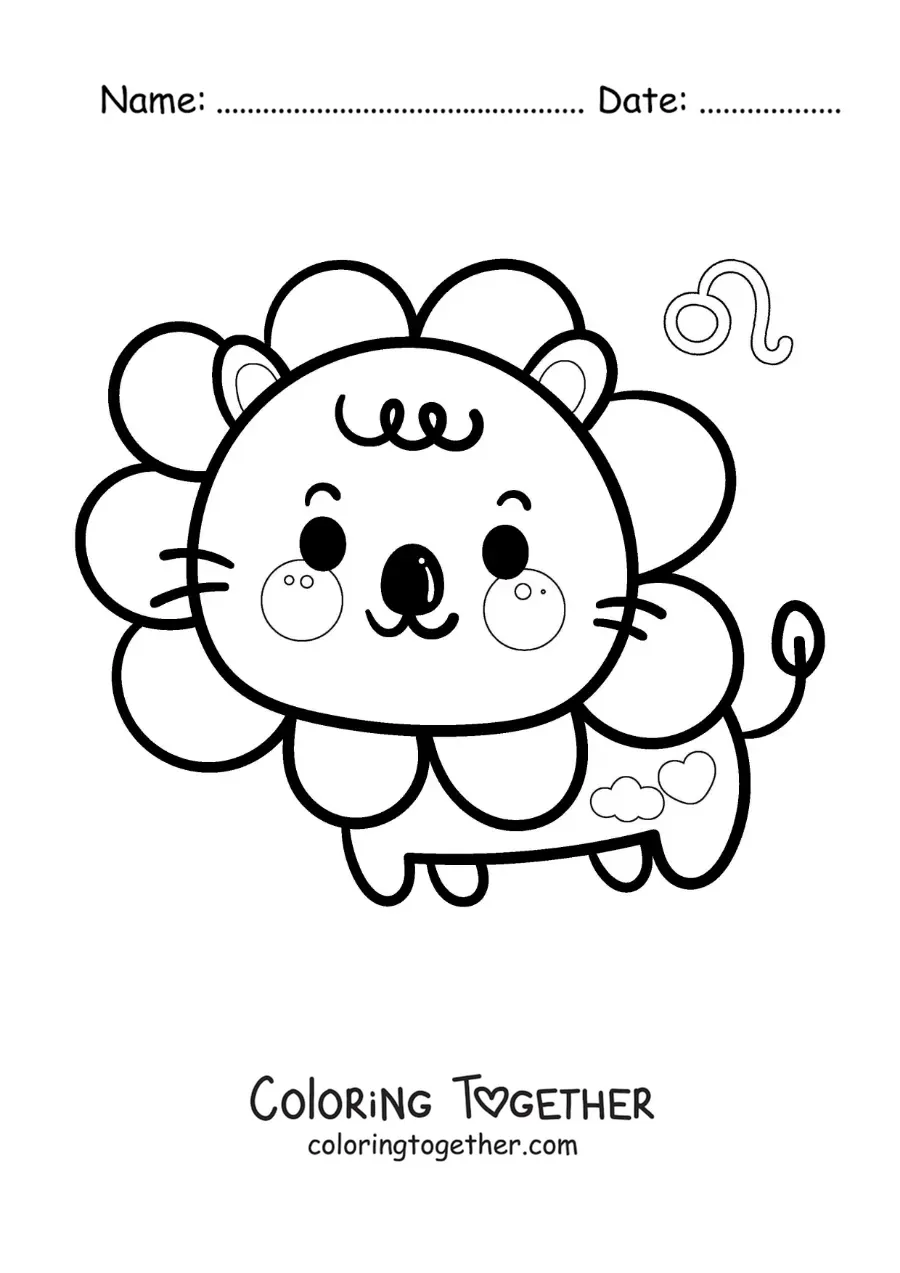 Coloring page of an animated kawaii Leo sign lion with its symbol