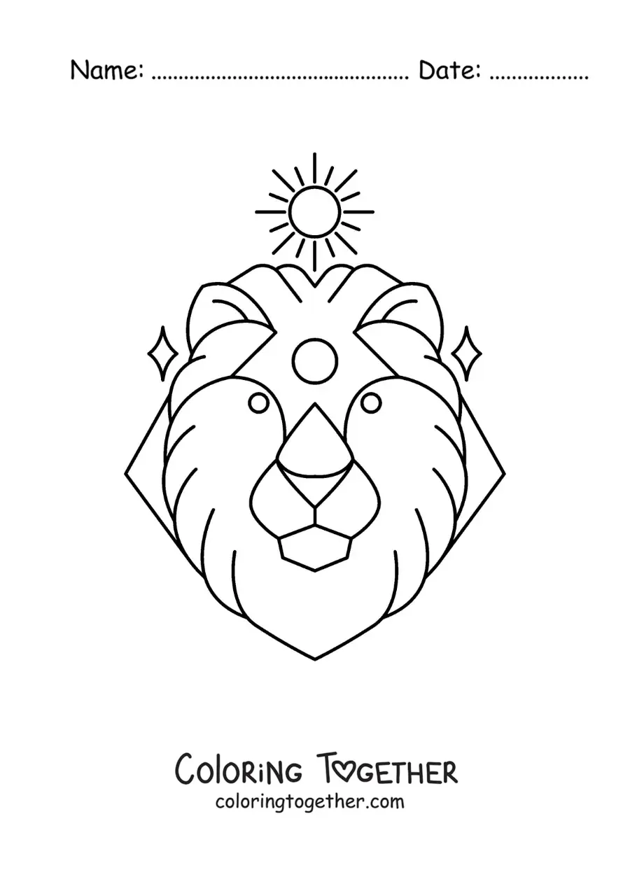 Coloring page of a Leo zodiac sign lion with a sun