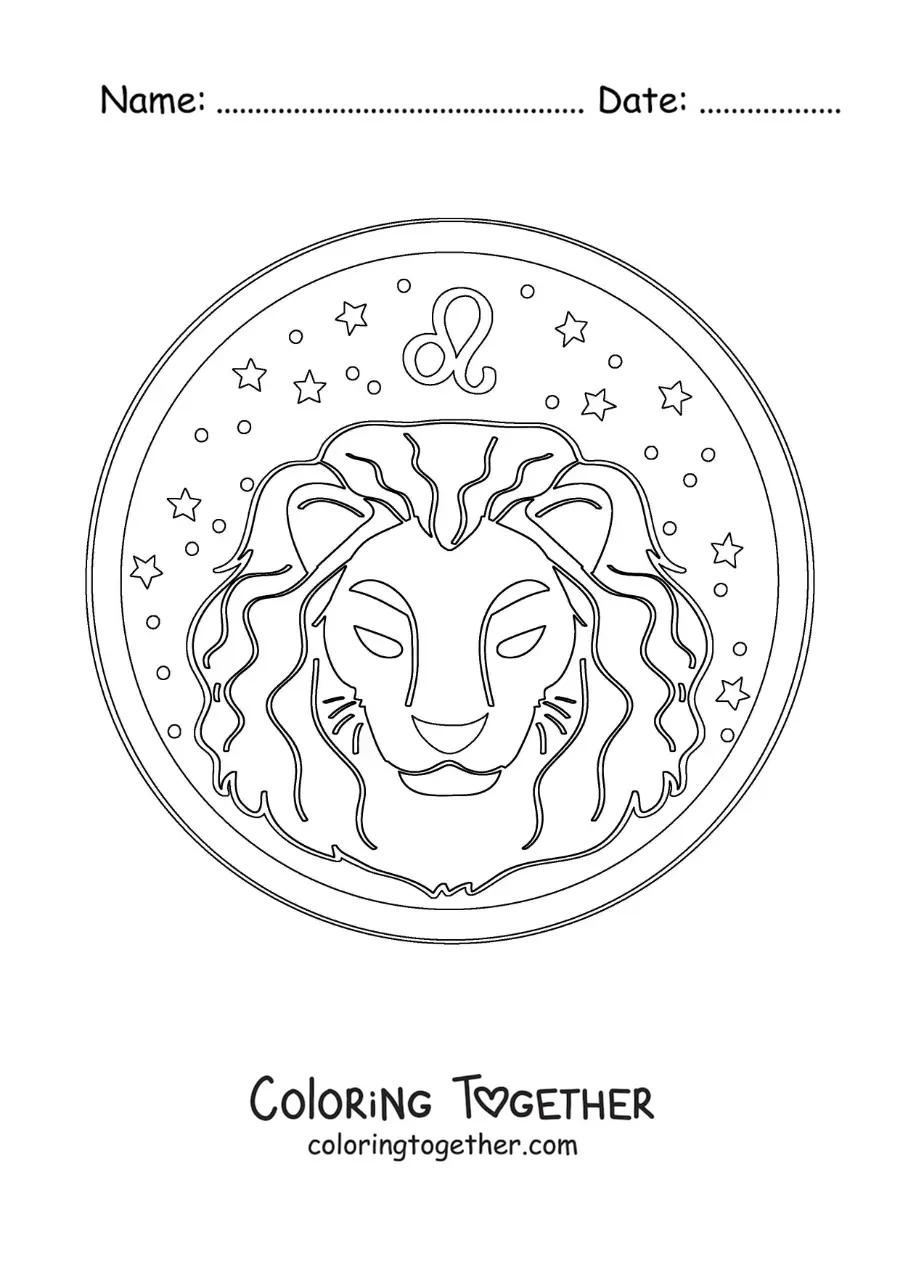 Coloring page of a Leo zodiac sign lion with its symbol and stars