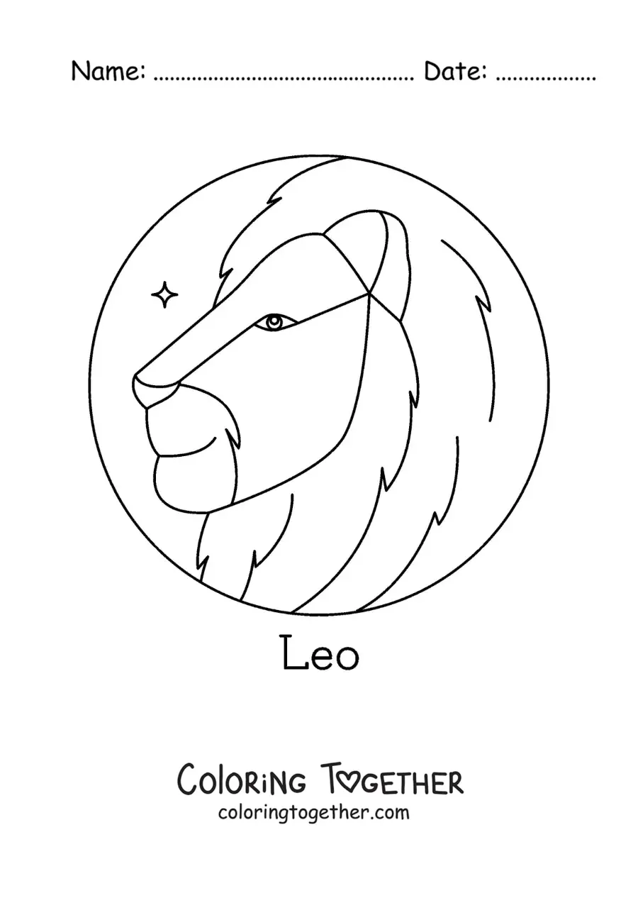 Coloring page of a Leo lion with the name of the sign