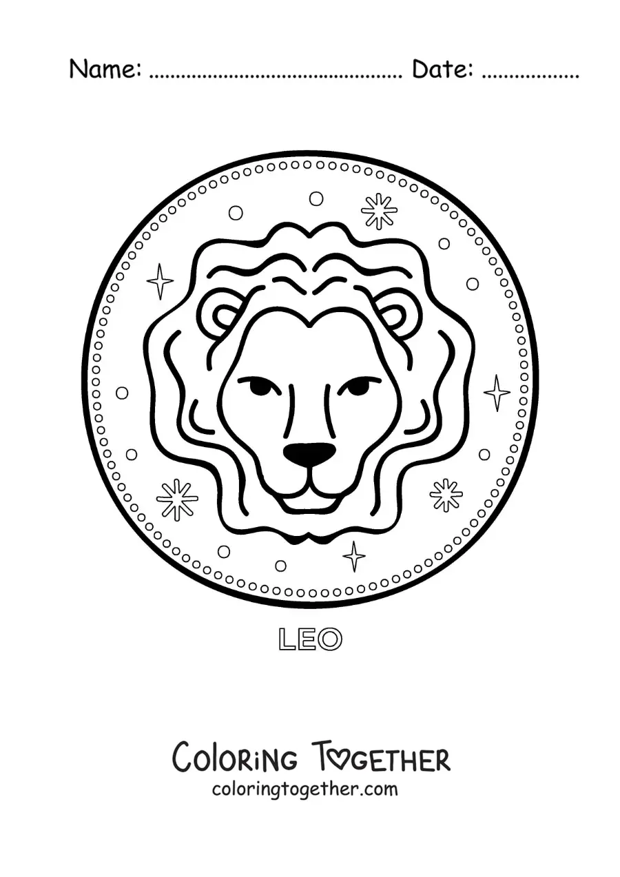 Coloring page of an animated Leo lion with the sign name and stars