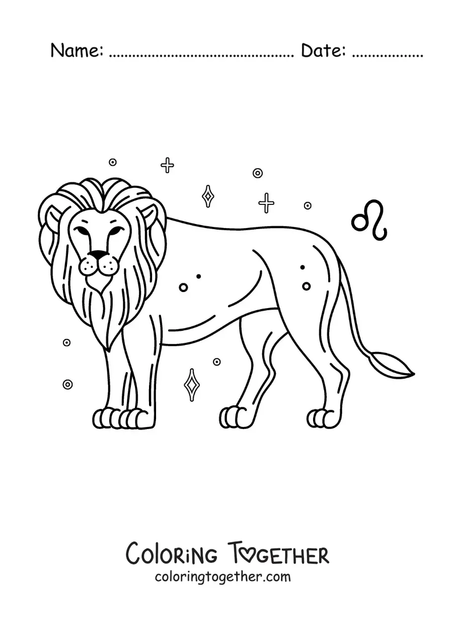 Coloring page of a Leo sign lion with its symbol and stars
