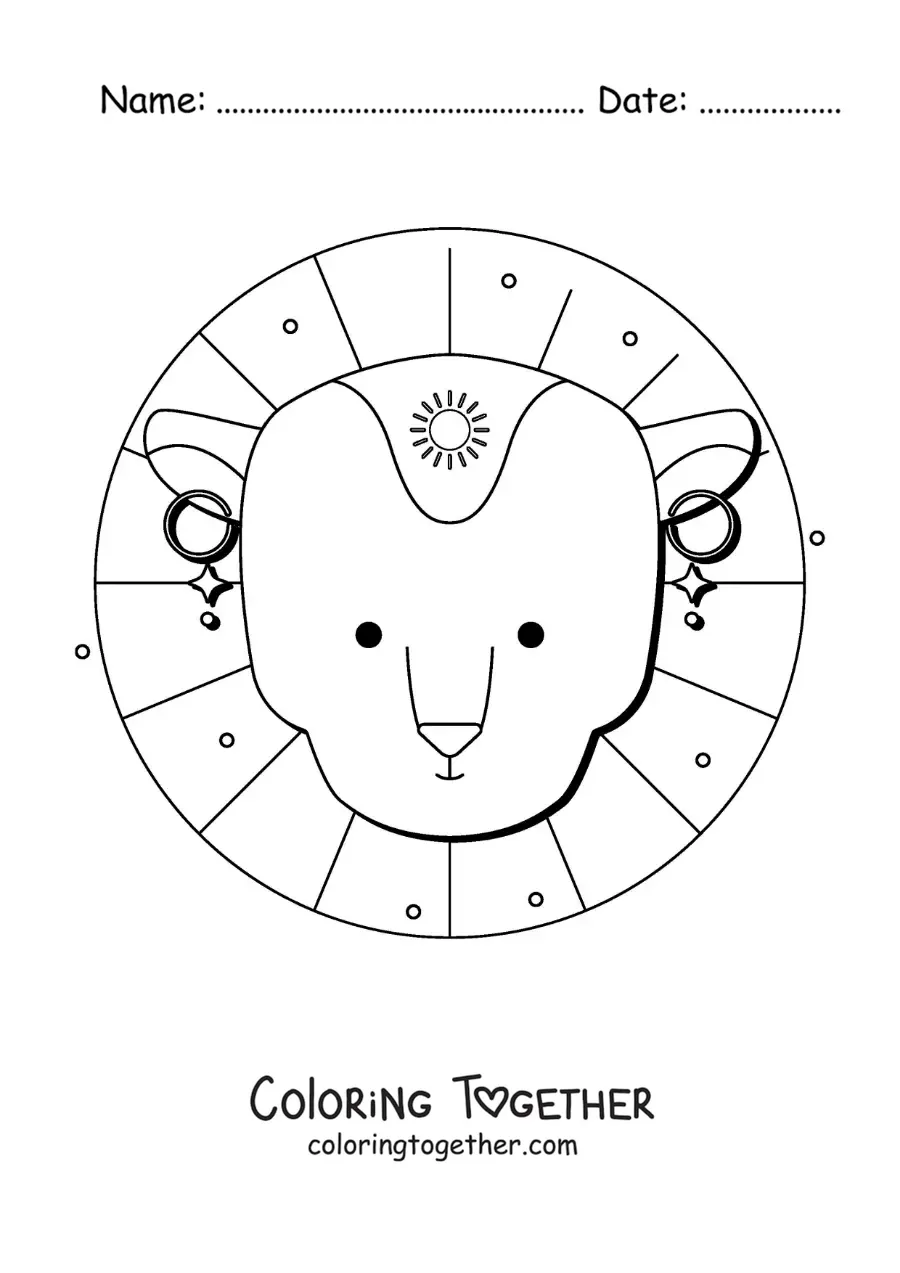 Coloring page of a cartoon lion head of the Leo zodiac sign with a sun