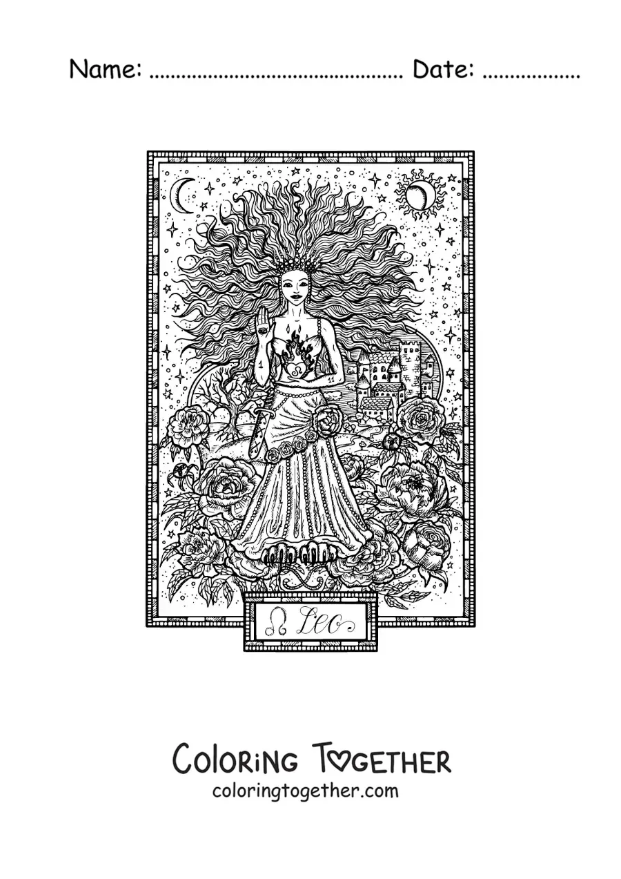 Coloring page of a Leo sign card