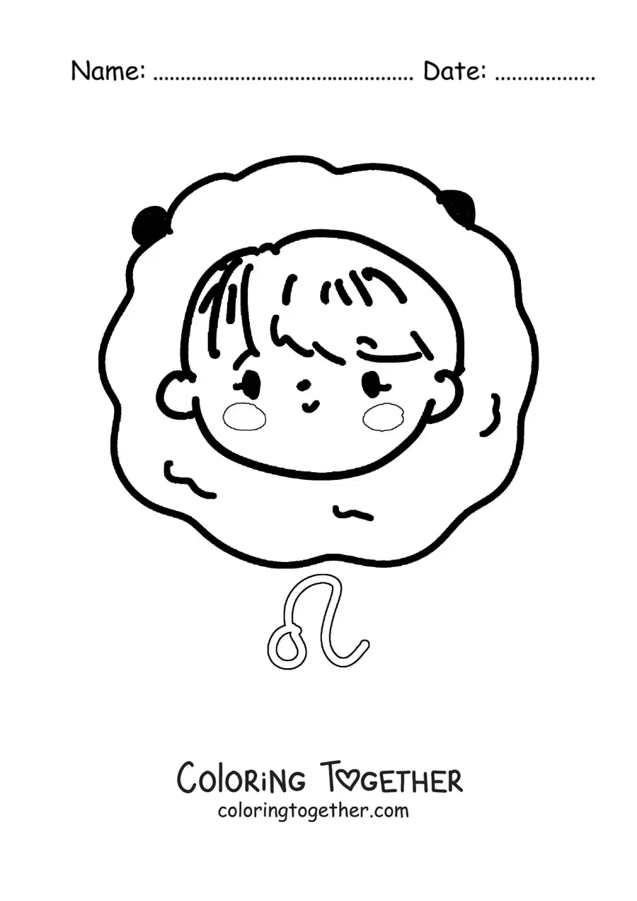 Coloring page of a kawaii Leo sign girl with her symbol