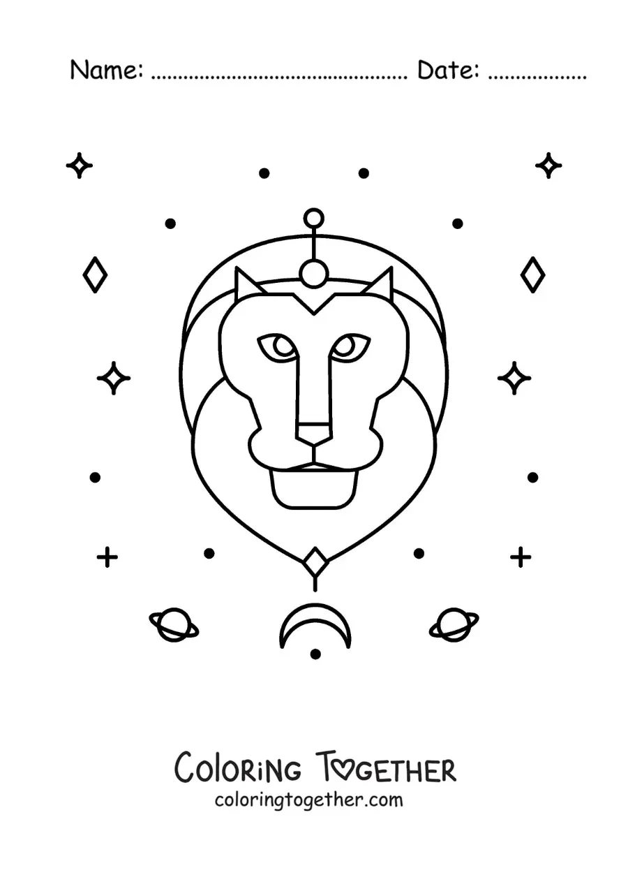 Coloring page of the Leo sign lion with stars and celestial bodies