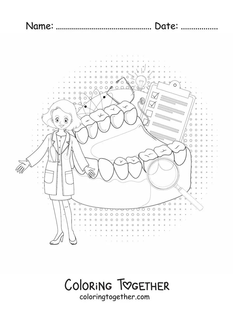 Coloring page of a woman dentist next to oral hygiene items