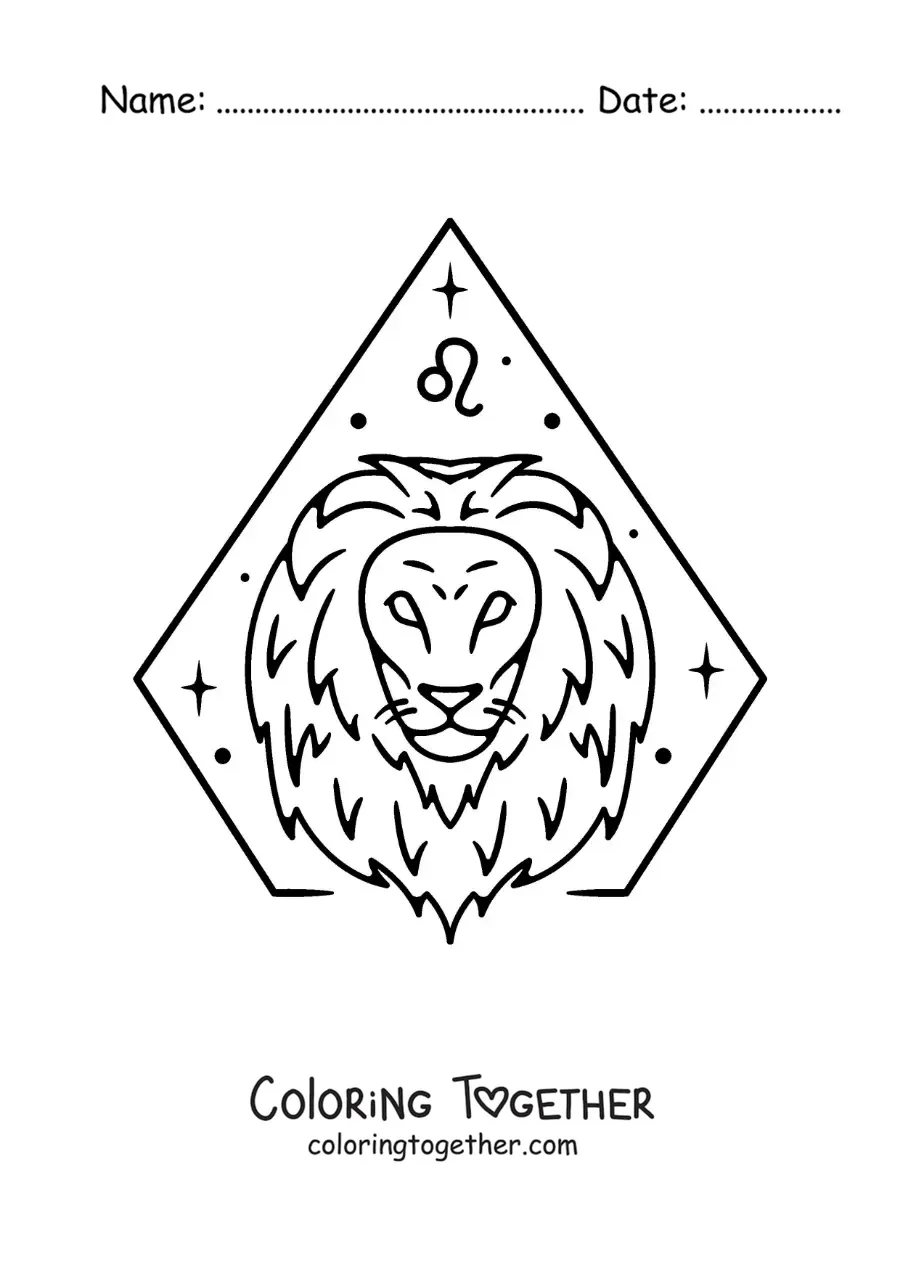 Coloring page of an easy Leo zodiac sign lion with its symbol and stars