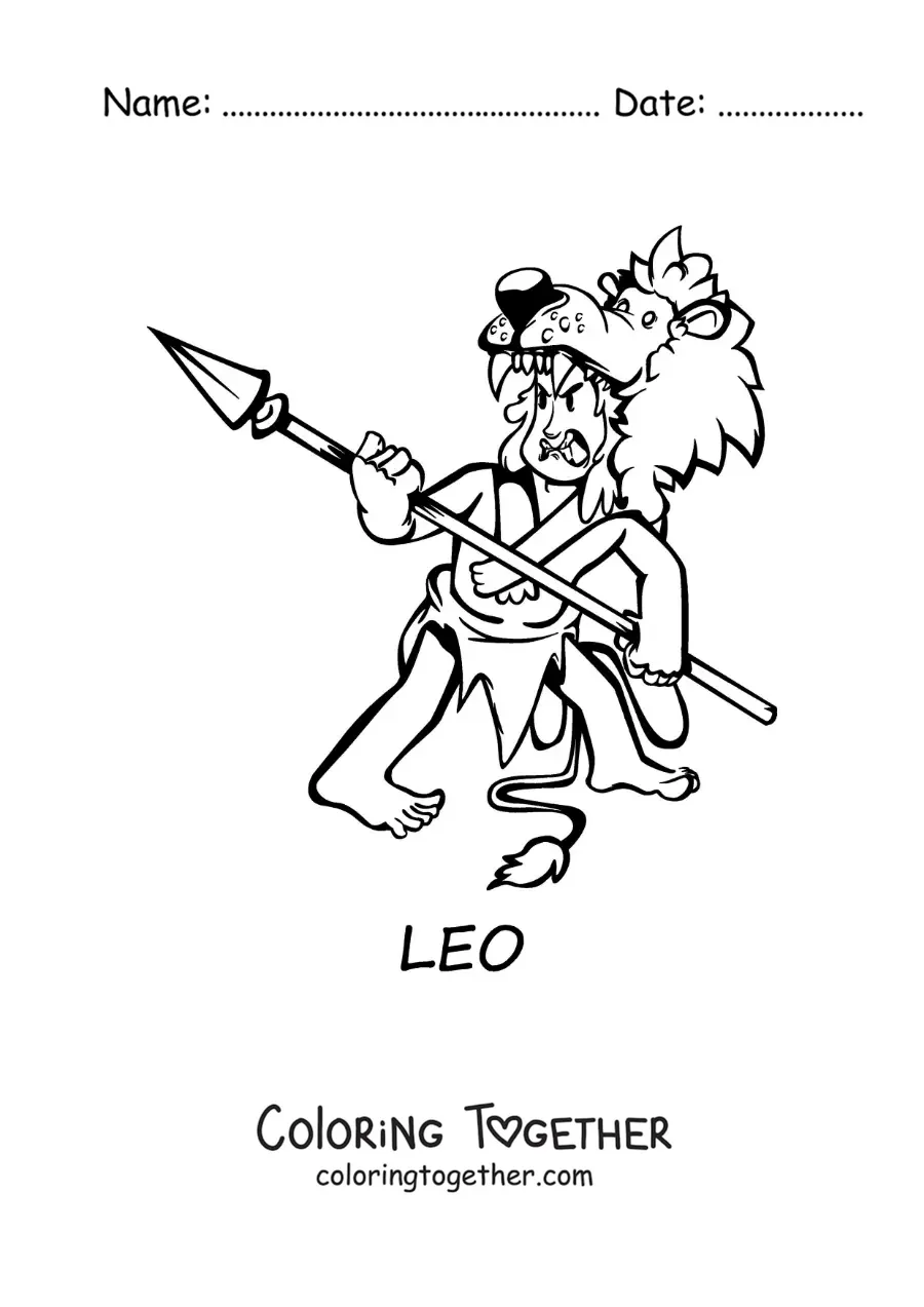 Coloring page of a cartoon Leo sign caveman