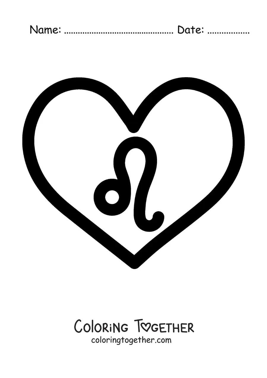 Coloring page of a Leo sign symbol inside a heart