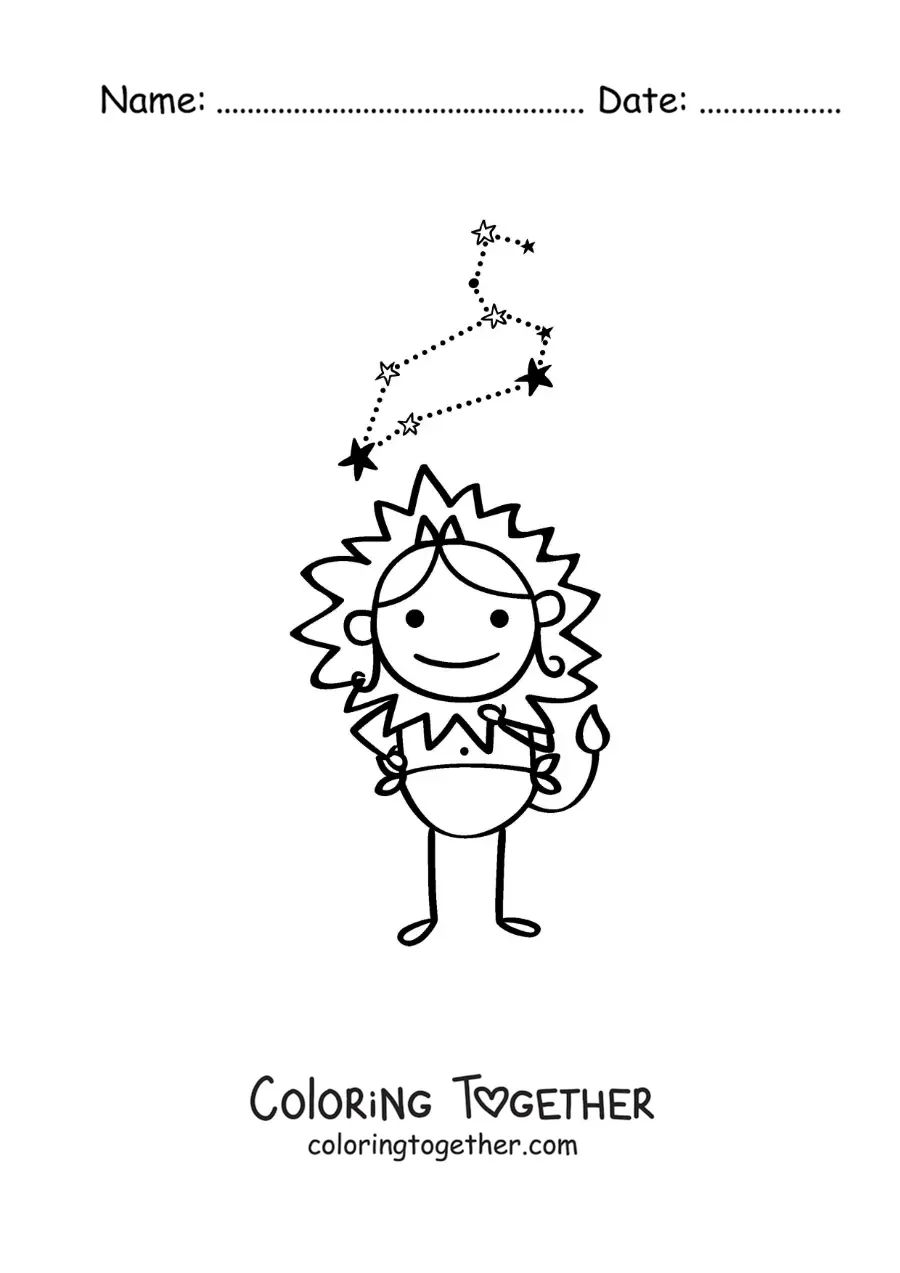 Coloring page of a cartoon Leo sign character with its constellation