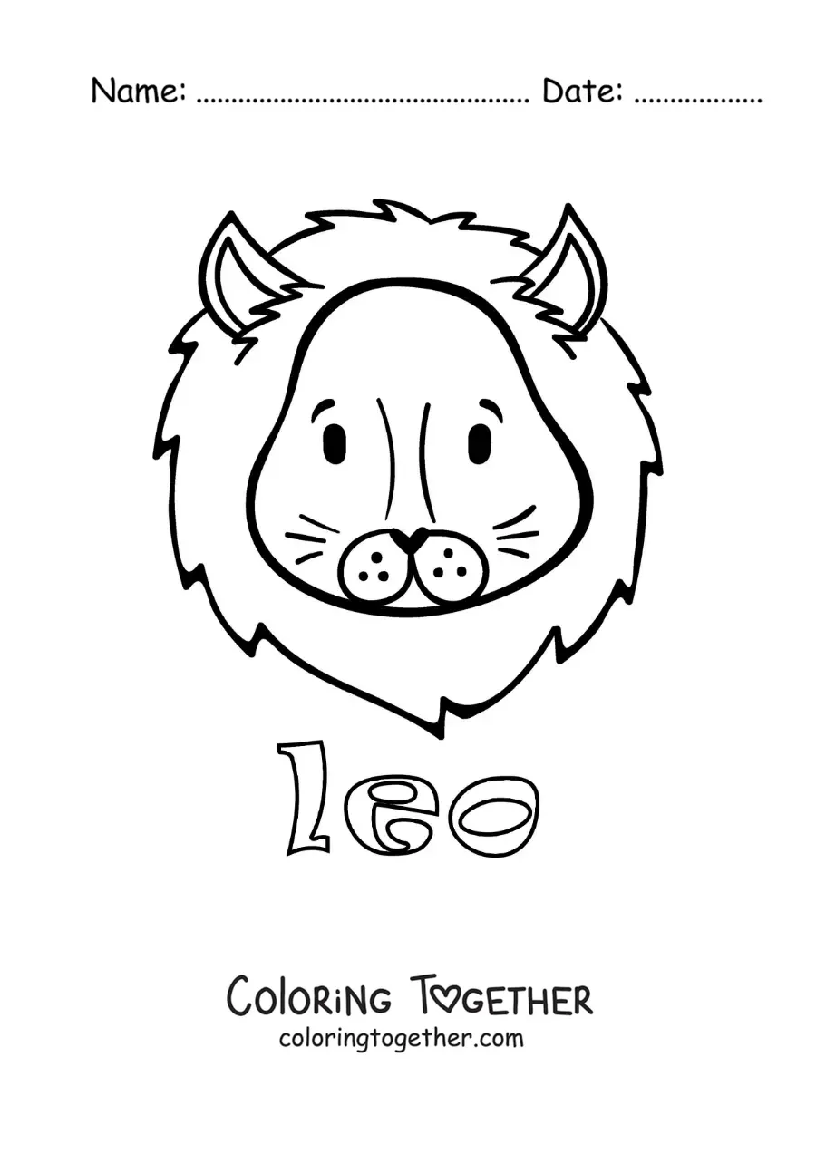 Coloring page of the animated Leo lion with the sign name