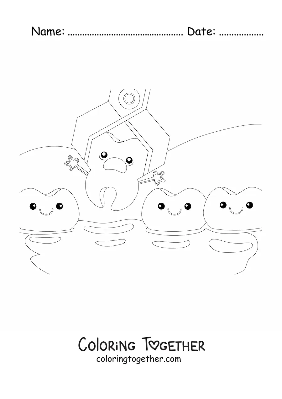 Coloring page of a kawaii animated tooth being pulled from the teeth