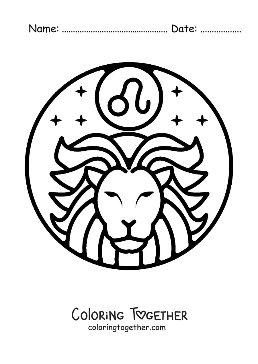 Coloring page of the easy Leo lion with the zodiac sign symbol